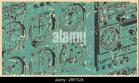 Illustrations vectorielles stylisées du panneau de commande d'avion en gros plan dans le style d'affiche rétro Illustration de Vecteur