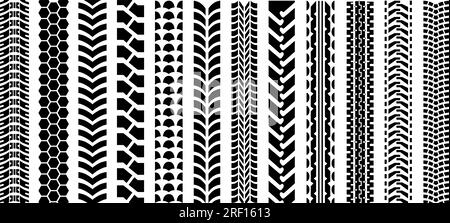 Pneus Tracks ensemble de silhouettes isolées noires. Formes de bande de roulement de pneus, timbre de roue de voiture. Impressions de protecteurs de pneus de moto, ensemble de vecteurs de service de voitures néoteriques Illustration de Vecteur