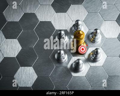 icône de cible 3d avec le centre debout de pion d'or dans le groupe de pièces d'échecs de pion d'argent sur fond de motif hexagonal avec l'espace. Leadership, objectif, partie Banque D'Images