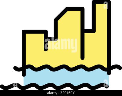 Vecteur de contour de l'icône de niveau d'inondation de la ville. Changement de mer. Couleur de l'océan global plat Illustration de Vecteur