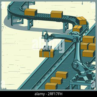 Illustration vectorielle stylisée d'une ligne de convoyeur d'usine robotique dans un style d'affiche rétro Illustration de Vecteur