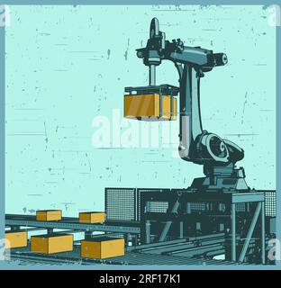 Illustration vectorielle stylisée d'une ligne de convoyeur d'usine robotique dans un style d'affiche rétro Illustration de Vecteur