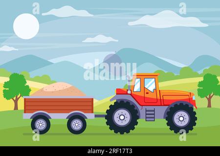 un tracteur avec une charrette roule dans la campagne. illustration vectorielle plate. Illustration de Vecteur