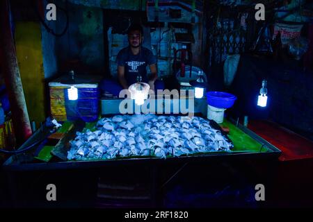 Le poisson Pomfret argenté sur glace sous une lumière bleue se vend sur le marché du Bangladesh Banque D'Images