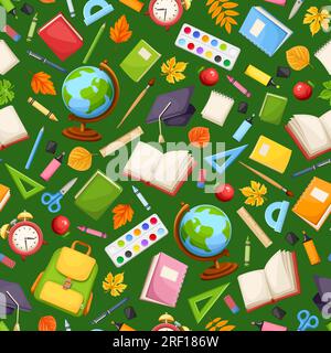 Modèle sans couture avec diverses fournitures scolaires sur un fond vert. Illustration vectorielle Illustration de Vecteur