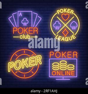Enseignes au néon de poker avec cartes à jouer et puce Illustration de Vecteur