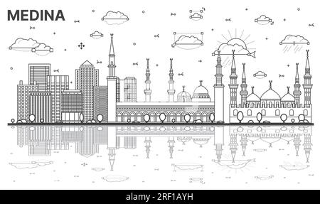 Contour Medina Saudi Arabia City Skyline avec reflets et bâtiments historiques isolés sur blanc. Illustration vectorielle. Paysage urbain de Medina. Illustration de Vecteur