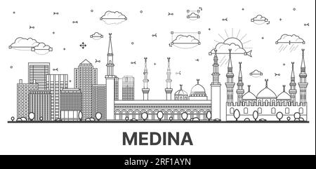 Contour Medina Saudi Arabia City Skyline avec des bâtiments modernes et historiques isolés sur blanc. Illustration vectorielle. Medina Cityscape avec des monuments. Illustration de Vecteur