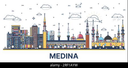 Contour Medina Saudi Arabia City Skyline avec des bâtiments modernes et historiques colorés isolés sur blanc. Illustration vectorielle. Paysage urbain de Medina. Illustration de Vecteur