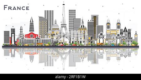 France Skyline avec bâtiments gris et reflets isolés sur blanc. Illustration vectorielle. Concept touristique avec architecture historique. Illustration de Vecteur