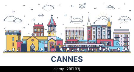 Contour Cannes France City Skyline avec des bâtiments modernes et historiques colorés isolés sur blanc. Illustration vectorielle. Paysage urbain de Cannes avec des monuments. Illustration de Vecteur