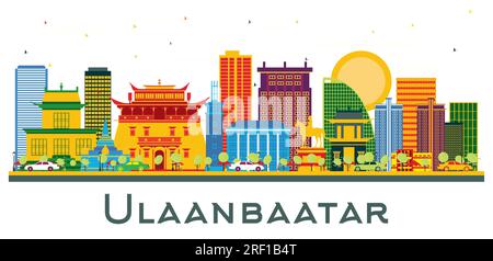 Ulaanbaatar Mongolie ville Skyline avec des bâtiments de couleur isolés sur blanc. Illustration vectorielle. Voyage d'affaires et concept de tourisme. Illustration de Vecteur