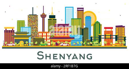 Skyline de la ville de Shenyang Chine avec des bâtiments de couleur isolés sur blanc. Illustration vectorielle. Voyage d'affaires et concept de tourisme avec bâtiments modernes. Illustration de Vecteur