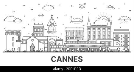 Contour Cannes France City Skyline avec des bâtiments modernes et historiques isolés sur blanc. Illustration vectorielle. Paysage urbain de Cannes avec des monuments. Illustration de Vecteur