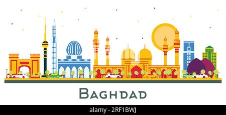 Bagdad Iraq City Skyline avec des bâtiments de couleur isolés sur blanc. Illustration vectorielle. Concept de voyage d'affaires et de tourisme avec bâtiments historiques. Illustration de Vecteur