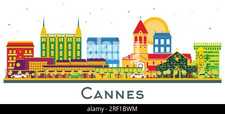 Cannes France ville Skyline avec des bâtiments de couleur isolés sur blanc. Illustration vectorielle. Concept de voyage d'affaires et de tourisme avec bâtiments historiques. Illustration de Vecteur