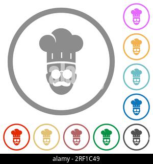 chef cuisinier avec des lunettes et des symboles de couleur plate moustaches dans contours arrondis sur fond blanc Illustration de Vecteur