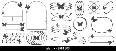 Cadres esthétiques et formes avec papillons. Conception graphique minimale de contour y2k avec des étincelles. Bordures d'arcs abstraits minimalistes. Boho tendance Illustration de Vecteur