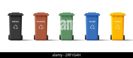icône d'illustration vectorielle 3d jeu de poubelles de recyclage dans différentes couleurs avec des types de matériaux de recyclage Illustration de Vecteur