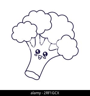 Mignon Kawaii brocoli Cabbage dessin animé pour enfants. Illustration d'art de contour de légumes alimentaires. Personnage de brocoli, mascotte dans le style Doodle. Livre de coloriage pour enfants Illustration de Vecteur