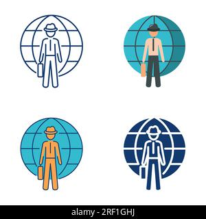 Icône internationale d'agent espion définie dans le style plat et ligne. Homme en costume avec globe sur fond. Illustration vectorielle. Illustration de Vecteur