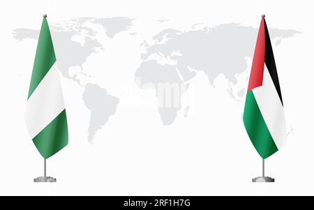 Drapeaux nigérian et palestinien pour réunion officielle sur fond de carte du monde. Illustration de Vecteur