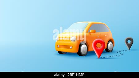 Jolie illustration de voiture jaune de dessin animé, rendu 3d avec des épingles et l'itinéraire planifié, composition numérique Illustration de Vecteur