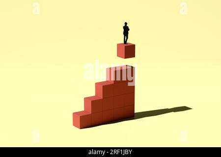 Succès, réalisation et aspirations professionnelles. Silhouette d'un homme d'affaires debout sur un cube en lévitation. Concept d'entreprise abstrait. Rendu 3D. Banque D'Images