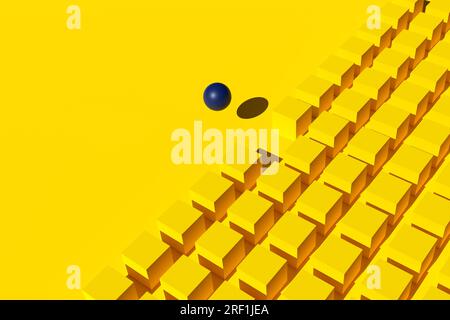 S'éloigner de la foule et penser en dehors de la boîte. Rangée de cubes jaunes avec une sphère bleue en lévitation se séparant de la foule. Rendu 3D. Banque D'Images