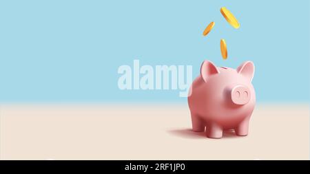 Tirelire de porc avec des pièces d'or tombant. illustration vectorielle réaliste de rendu 3d, bannière web d'icône numérique de banque Illustration de Vecteur