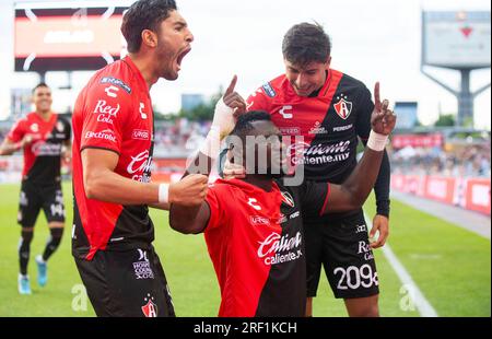 Toronto, Canada. 30 juillet 2023. Jordy Josue Caicedo Medina (C, avant) de l’Atlas FC célèbre les buts lors du match de la coupe des ligues 2023 entre le Toronto FC et l’Atlas FC au BMO Field à Toronto, Canada, le 30 juillet 2023. Crédit : Zou Zheng/Xinhua/Alamy Live News Banque D'Images