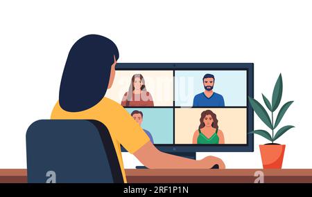 Travailleur utilisant l'ordinateur pour réunion virtuelle collective et vidéoconférence de groupe. Femme au bureau bavarder avec des amis en ligne. Illustration vectorielle Illustration de Vecteur