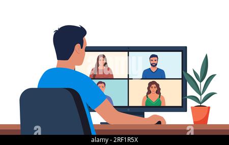 Travailleur utilisant l'ordinateur pour réunion virtuelle collective et vidéoconférence de groupe. Homme au bureau bavarder avec des amis en ligne. Illustration vectorielle Illustration de Vecteur
