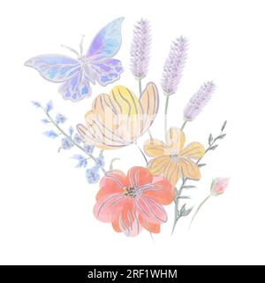 composition de différentes fleurs sauvages avec aquarelle vecteur papillon bleu Illustration de Vecteur