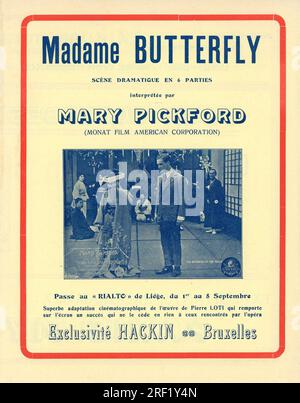 Belgian Trade ad de 1921 pour MARY PICKFORD dans le rôle de Cho-Cho-San et MARSHALL NEILAN dans le rôle DU lieutenant Pinkerton dans MADAME BUTTERFLY 1915 réalisateur SIDNEY OLCOTT roman John Luther long présentateur Daniel Frohman Famous Players film Company / Paramount Pictures Banque D'Images