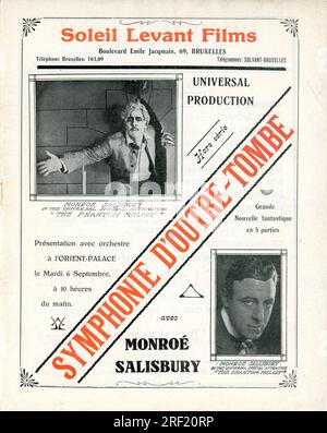 Publicité commerciale belge de 1921 pour MONROE SALISBURY dans LA MÉLODIE FANTÔME / SYMPHONIE d'OUTRE-TOMBE (SYMPHONIE d'AU-DELÀ DE LA TOMBE) 1920 réalisateur DOUGLAS GERRARD scénario F. McGrew Willis présentateur Carl Laemmle Universal film Manufacturing Company Banque D'Images