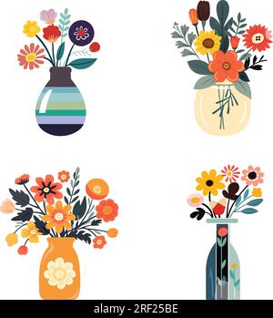 Ensemble de vases stylisés avec des fleurs en fleurs Illustration de Vecteur