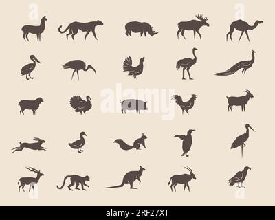 Silhouettes d'animaux. Domestique et sauvage différentes formes stylisées d'animaux collection d'illustrations vectorielles récentes Illustration de Vecteur