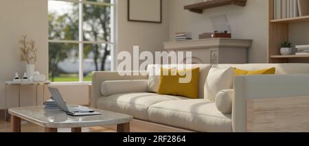 Image rapprochée d'un salon moderne et confortable avec un canapé confortable, un ordinateur portable sur une table basse et une décoration à la maison. rendu 3d, illustration 3d. Banque D'Images