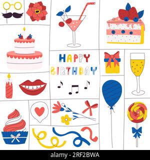 Carte de voeux carrée pour l'événement d'anniversaire. Modèle pour les médias sociaux. Symbole lumineux de fête d'anniversaire. Affiche vectorielle avec gâteau dessiné à la main, ballon, vin Illustration de Vecteur