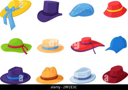 Chapeaux de dessin animé, accessoires de tête mâle et femelle. Chapeau, casquette et béret isolés. Homme vintage gentlemen cylindre. Clipart vectoriel nowaday de mode différente Illustration de Vecteur