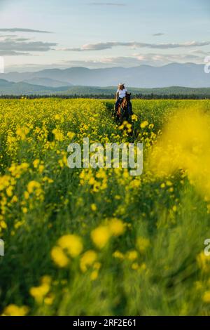 Fille de vingt ans à cheval au coucher du soleil dans le Montana Banque D'Images