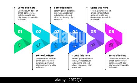 Modèle infographique avec icônes et 6 options ou étapes. Flèches alignées. Peut être utilisé pour la mise en page de flux de travail, bannière, diagramme, webdesign. Illustration vectorielle Illustration de Vecteur