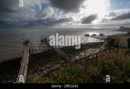 Cabane traditionnelle de pêcheur en bois au pied de la falaise calcaire dans l'estuaire de la Gironde, Talmont-sur-Gironde Banque D'Images