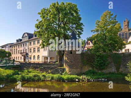 Rivière Lahn avec l'hôtel de ville, la tour Dill et la tour Wilhelm, Allemagne, Hesse, Dillenburg Banque D'Images