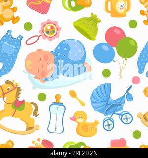 Dessin animé accessoires bébé modèle sans couture. Objets de pépinière. Dormir mignon nouveau-né en barboteuse. Jouets et vêtements. Poussette pour bébés. L'alimentation au lait Illustration de Vecteur