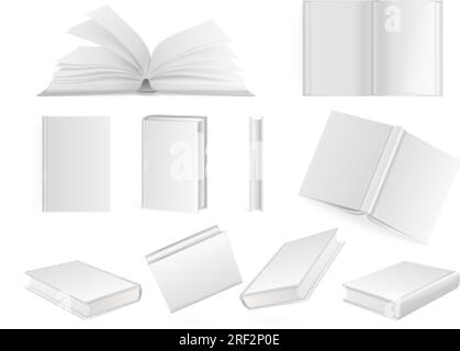Livres à couverture rigide réalistes. Maquette de livre vierge avec échantillon de pages vides, journal fermé ouvert 3D ou cahiers à couverture souple livret librairie magazine bibliothèque, illustration vectorielle exacte Illustration de Vecteur