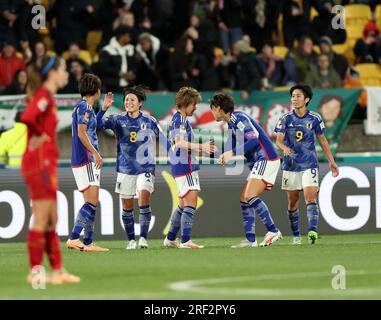 Wellington, Nouvelle-Zélande. 31 juillet 2023. Les joueuses japonaises célèbrent leur but lors du match du groupe C entre le Japon et l'Espagne lors de la coupe du monde féminine de la FIFA 2023 à Wellington, en Nouvelle-Zélande, le 31 juillet 2023. Crédit : Qin Lang/Xinhua/Alamy Live News Banque D'Images