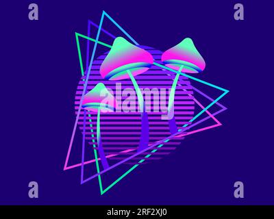 Champignons fluorescents au coucher du soleil dans un style futuriste rétro des années 80. Rave party. Champignon bioluminescent à gradient. Champignon hallucinogène sur un long Illustration de Vecteur