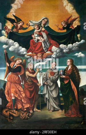 Madonna della Misericordia con angeli,S.Michele Arcangelo,S.Giovanni Battista,S.Antonio da Padova e Maria Maddalena - olio su tela - Andrea Marone Banque D'Images